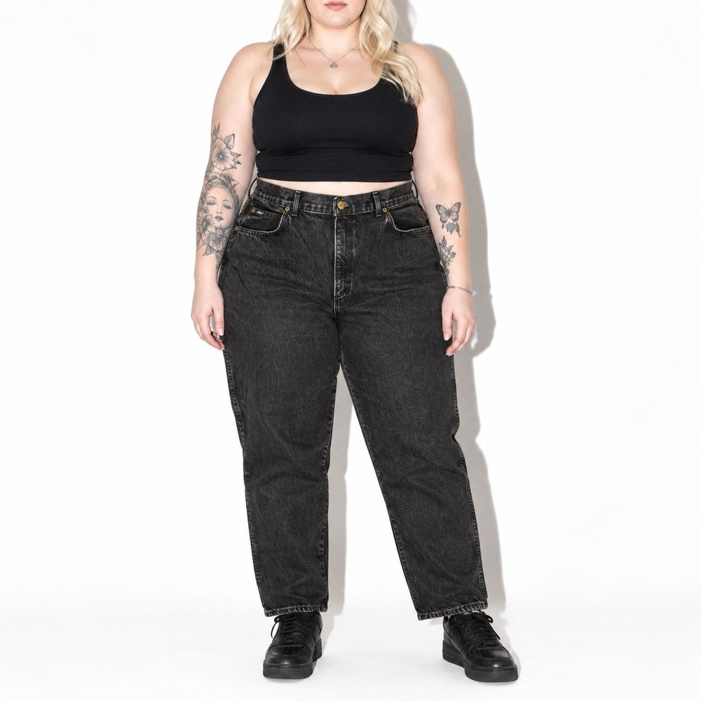 80s Vintage Chic Tapered Leg Jeans Plus Womens 24W Black Wash High Waist Denim